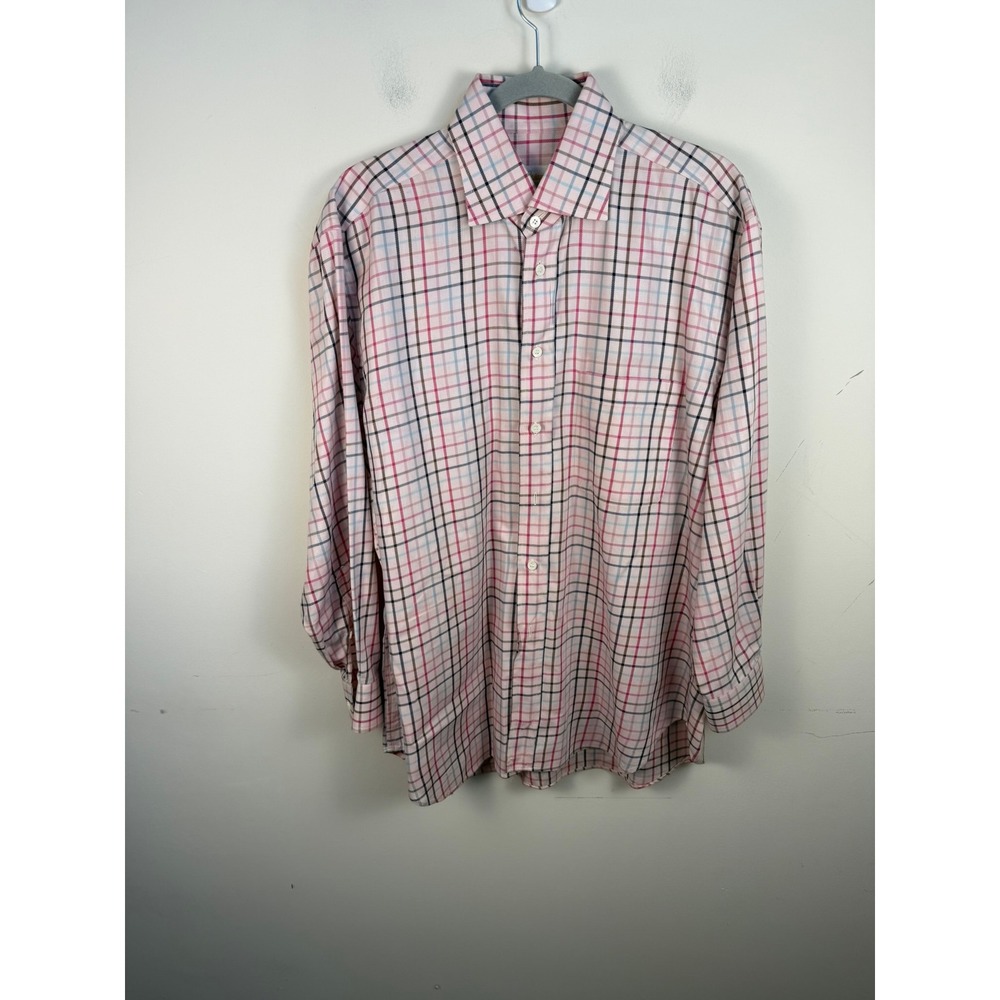 Brioni Mens Pink Blue Check Cotton Long Sleeve Button Down Dress Shirt XL